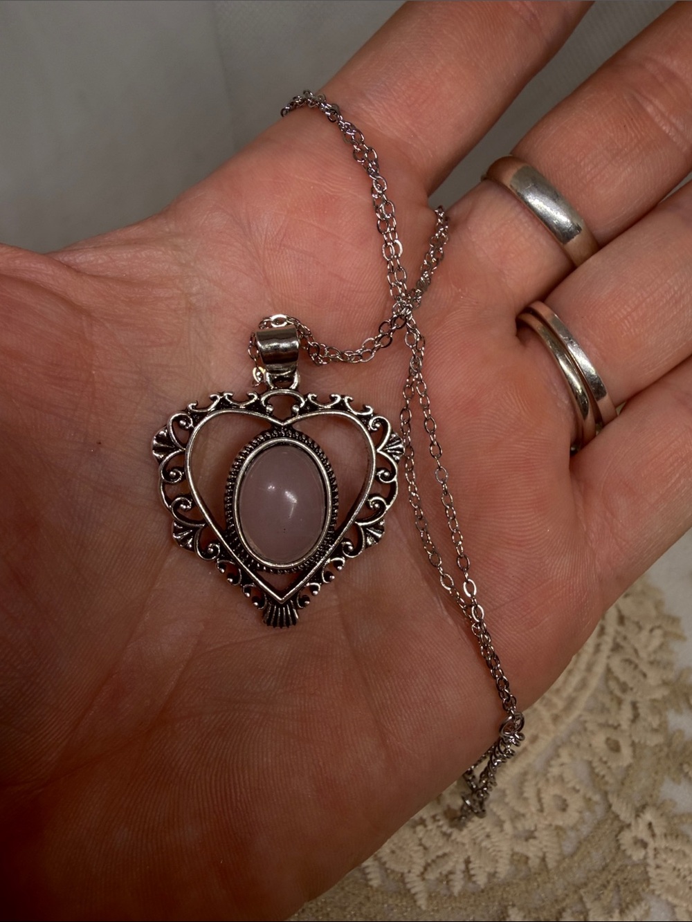 Natural Rose Quartz Heart Pendant Necklace Adjustable 20–24” Silver Tone Chain